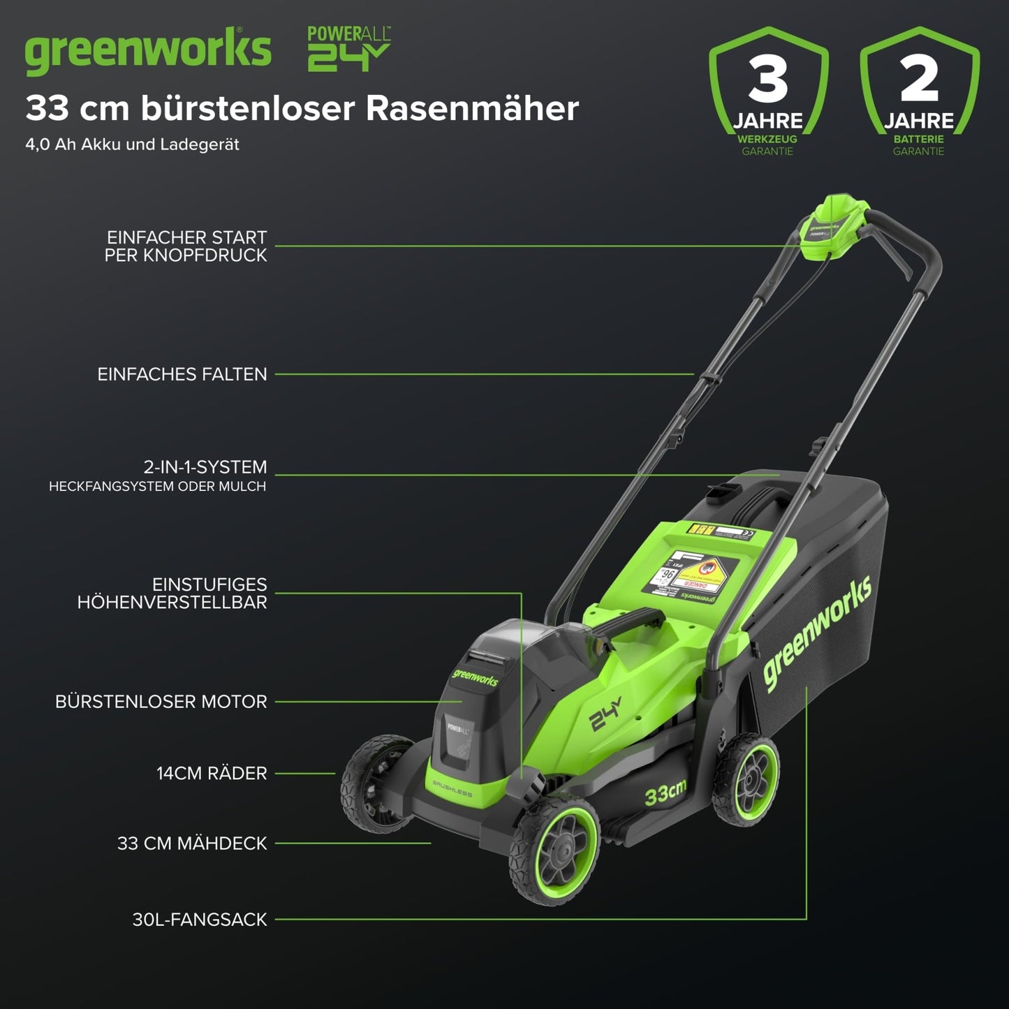 Greenworks 24V Brushless Akku-Rasenmäher 33 cm mit 4,0 Ah Akku & Ladegerät